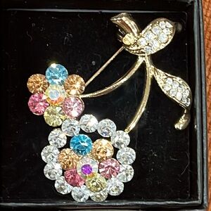 Floral Crystal Brooch - Multicolour Rose Gold